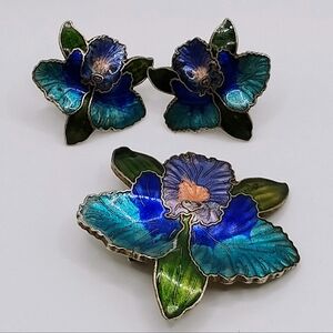 Vintage Cloisonne Iris Enamel Blue Purple Silver Tone Brooch & Earring Set
